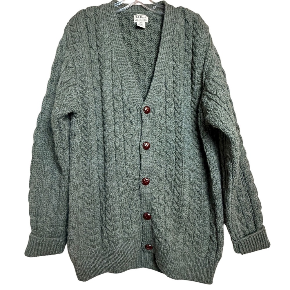 L.L.Bean Irish Fisherman Wool Cable Knit Cardigan Olive Green Large